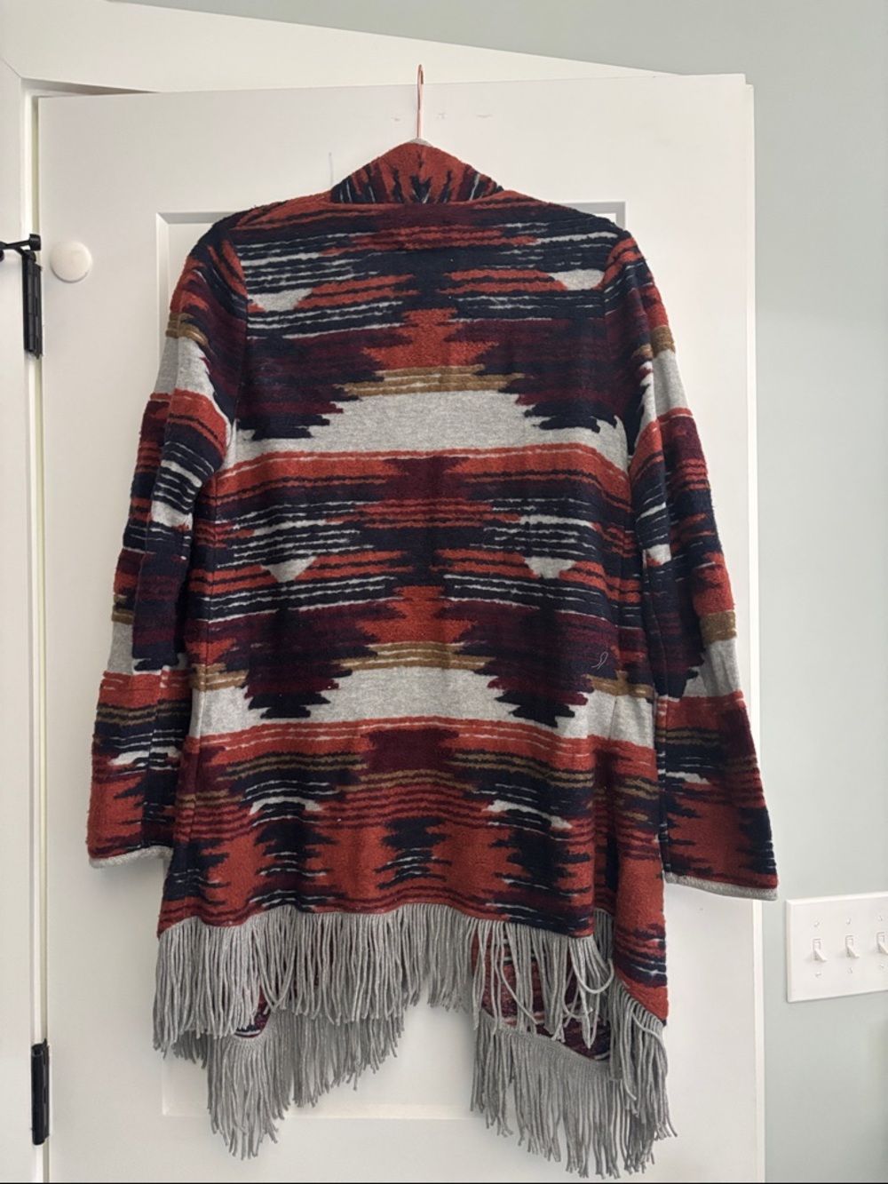 Lucky Brand Rust Multi Aztec Fringe Open-Front Cardigan - Picture 2 of 3